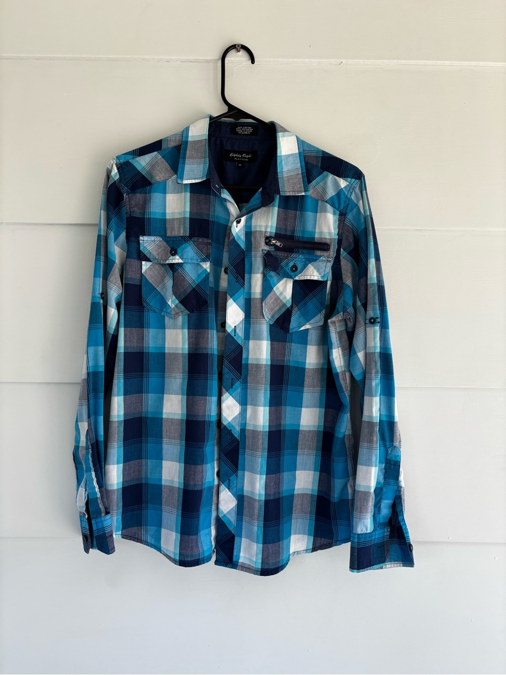 Eighty Eight Platinum Men Medium Shirt Button Up Long Sleeve Roll Tab Blue Plaid